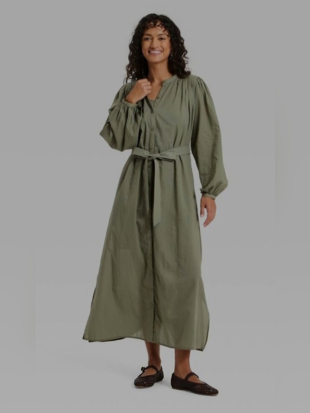 Olive Button-Front Midi Dress with Tie Waist
